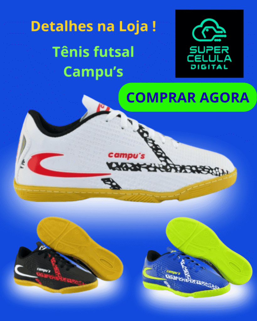 Tênis futsal Campu’s, com botão verde Comprar Agora.