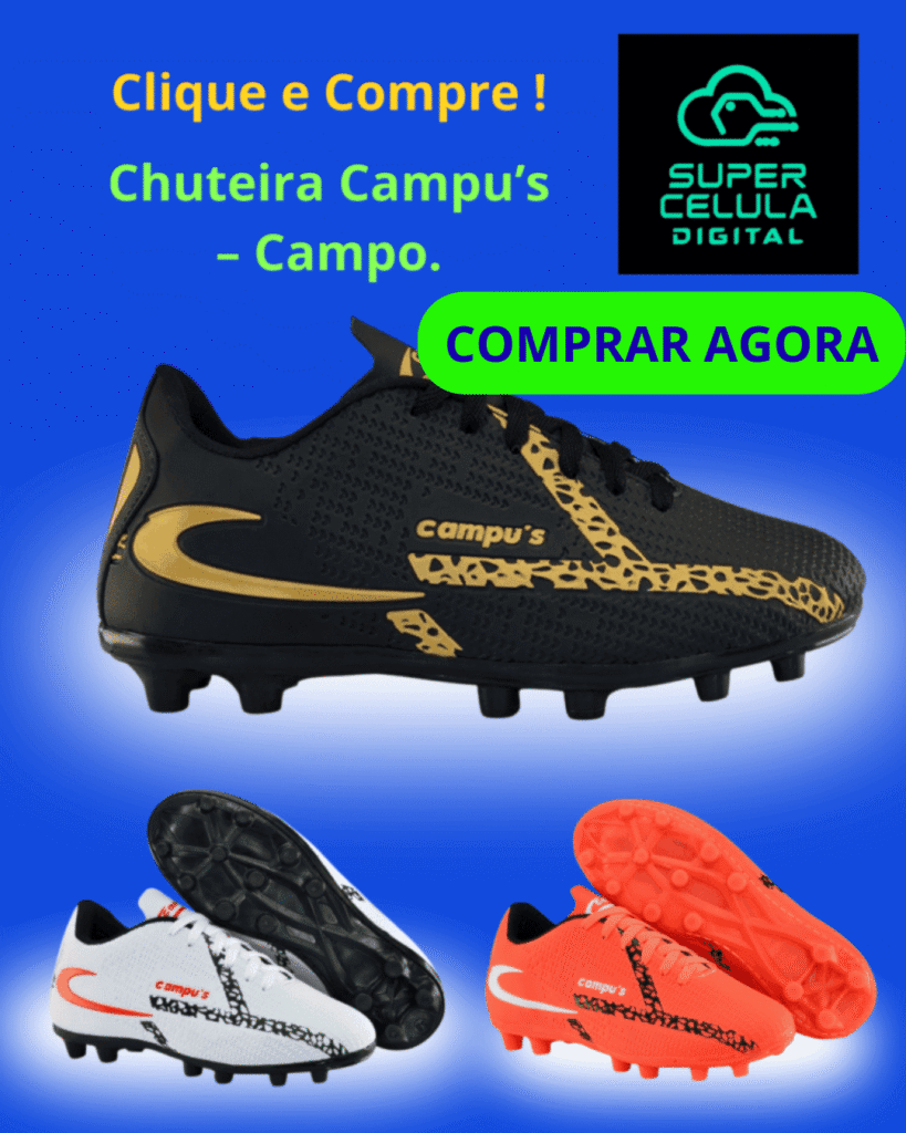 Chuteira Campu’s – Campo, com botão verde Comprar Agora.