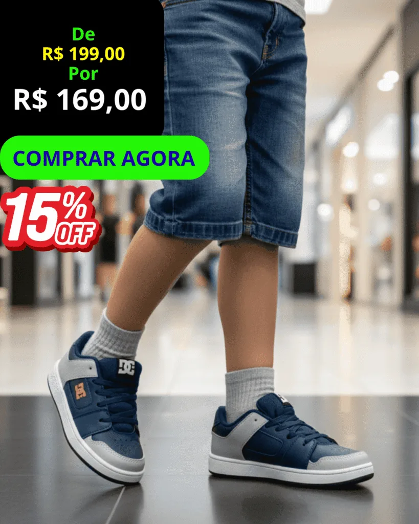 Tênis Infantil DC Shoes Skatista - vista frontal, com botão verde Comprar Agora.