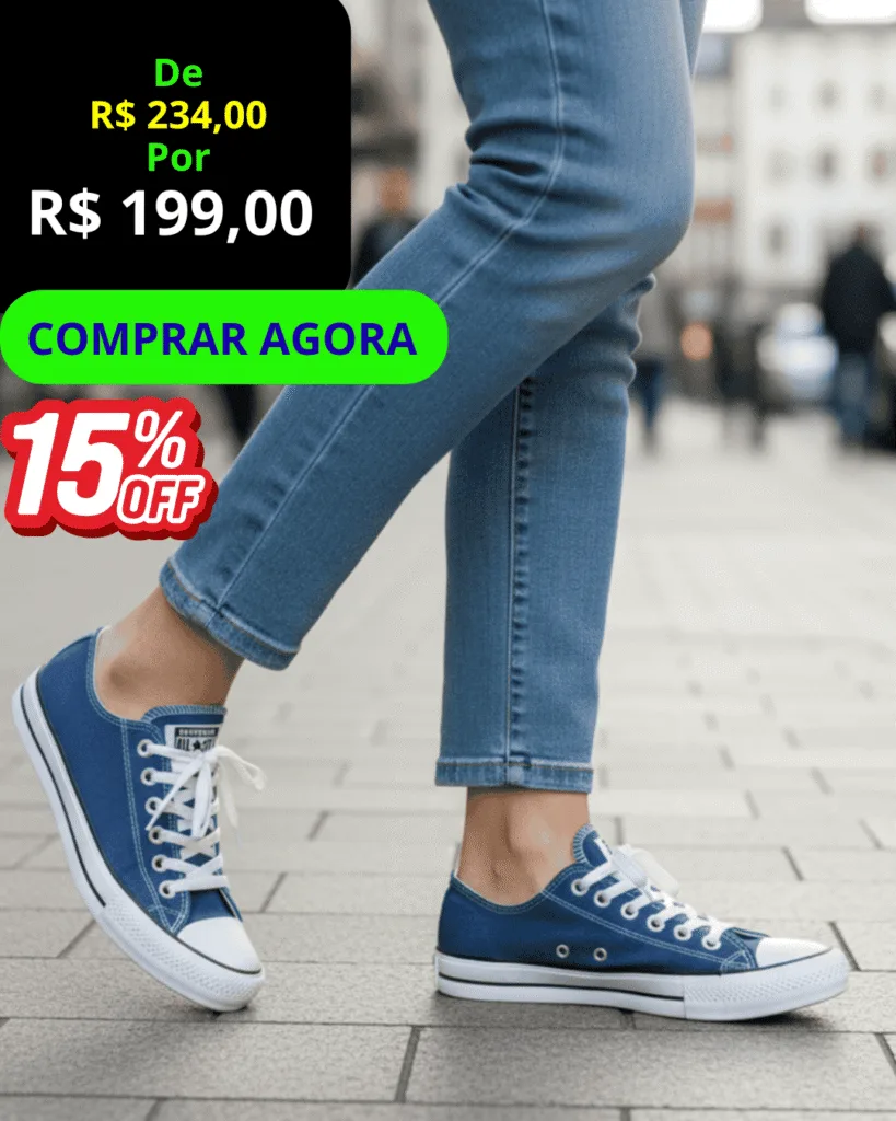 Tênis Feminino All Star Converse lona feminino jeans, vista frontal, com botão verde Comprar Agora.