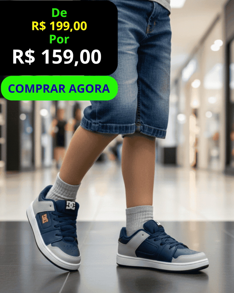 Tênis Infantil DC Shoes Skatista - vista frontal, com botão verde Comprar Agora.