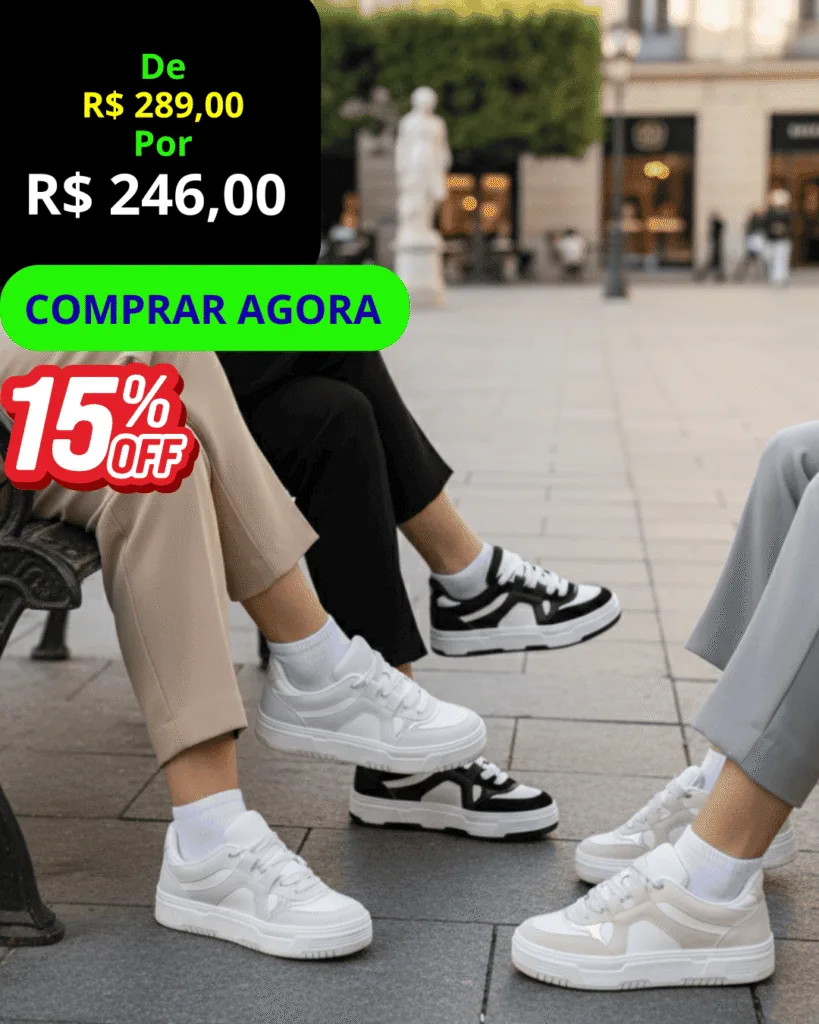 Tênis Feminino Casual Milano - vista frontal, com botão verde Comprar Agora.