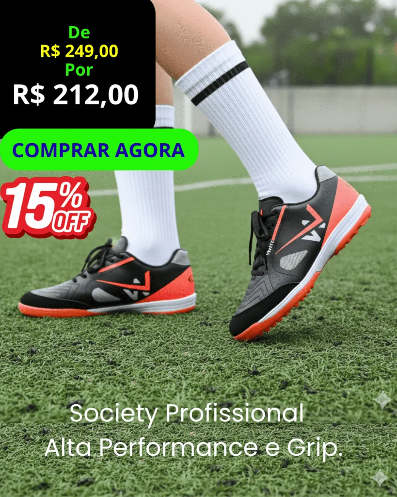 Chuteira Society Profissional DRY 2026 nas cores preto e laranja, com solado de alta aderência para grama sintética.