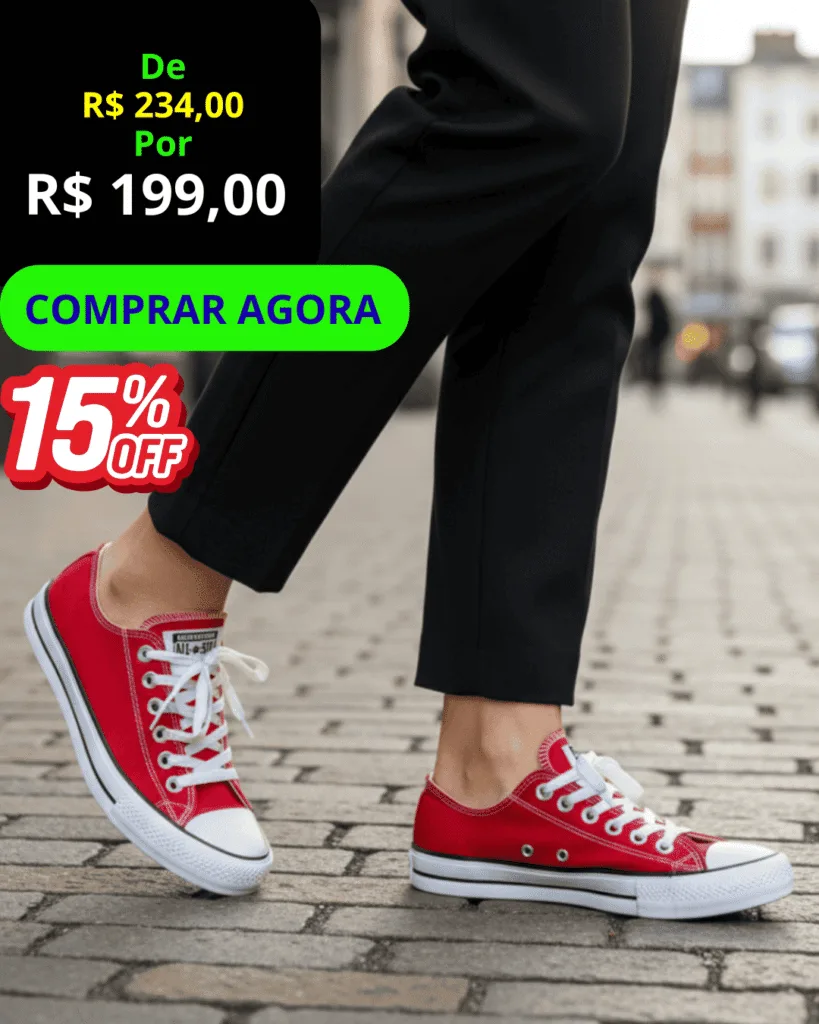 Tênis Feminino All Star Converse lona feminino vermelho, vista frontal, com botão verde Comprar Agora.