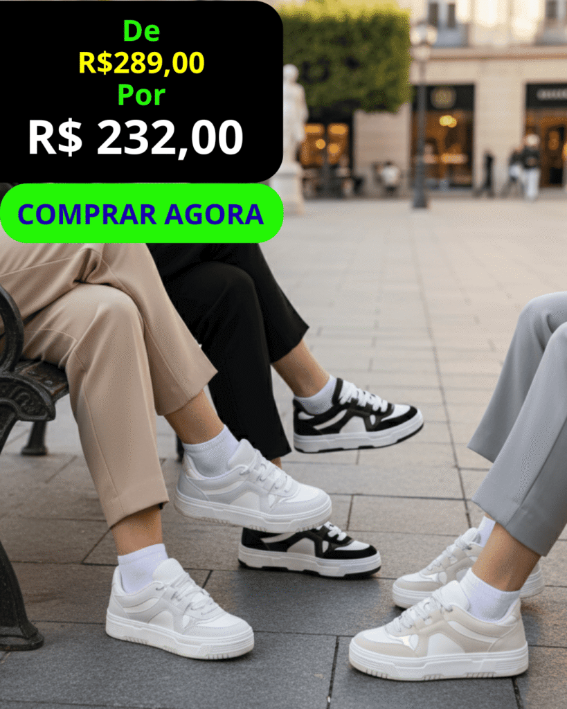 Tênis Feminino Casual Milano - vista frontal, com botão verde Comprar Agora.