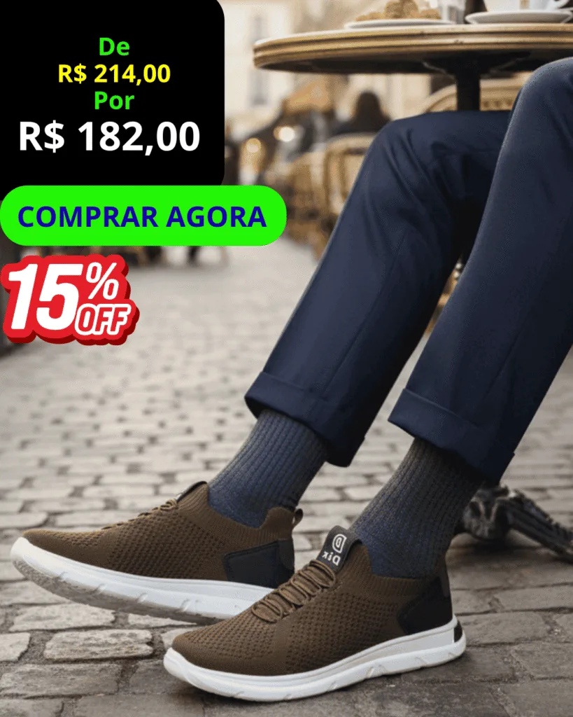 Tênis Masculino Casual Knit - vista frontal, com botão verde Comprar Agora.
