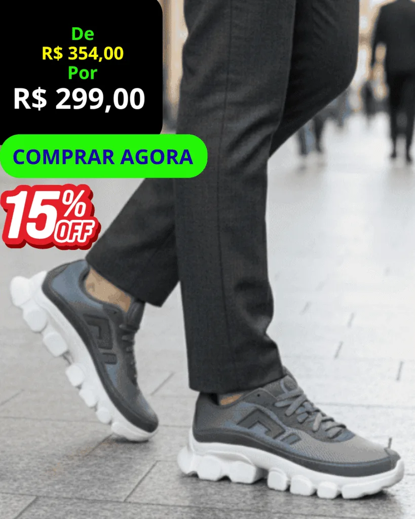 Tênis Masculino Fast Running cinza - vista frontal, com botão verde Comprar Agora.