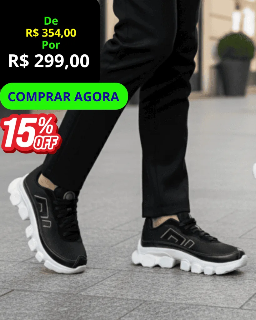 Tênis Masculino Fast Running preto - vista frontal, com botão verde Comprar Agora.