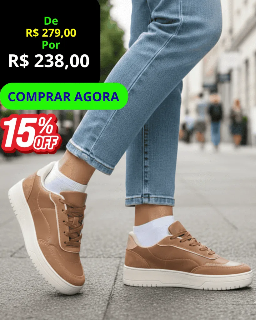 Tênis Feminino Casual Kyoto - vista frontal marrom, com botão verde Comprar Agora.