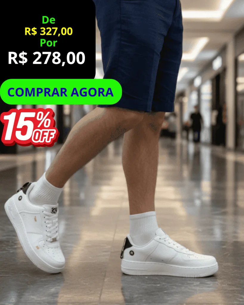 Tênis AiForce TM - vista frontal, com botão verde Comprar Agora.