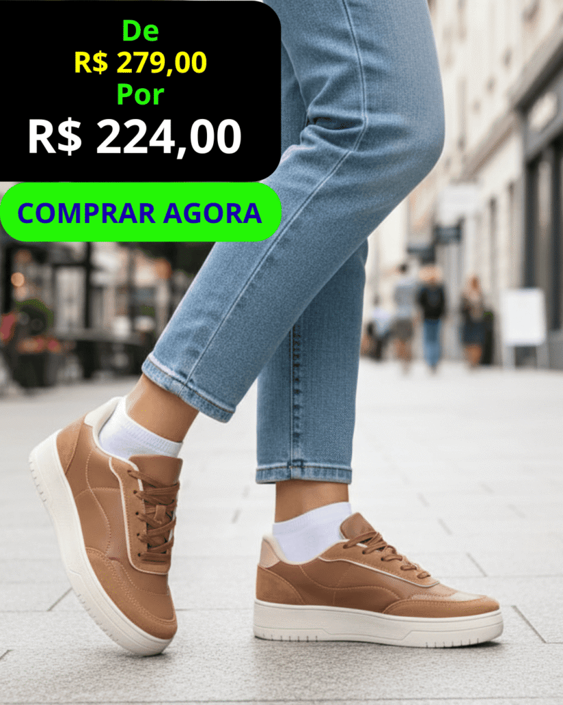 Tênis Feminino Casual Kyoto - vista frontal, com botão verde Comprar Agora.