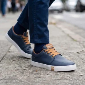 Tênis Masculino Reserva Liso: O Equilíbrio Perfeito entre Estilo e Conforto. Homem usando calça azul marinho e Sapatênis Casual Masculino cor Azul Marinho com cadarços bege - No Pé.