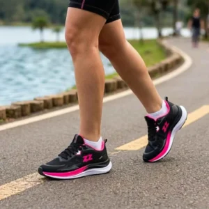 Tênis Feminino Abuzze Running. Mulher em calçada de parque vestindo calça legging esportiva e o Tênis Feminino Abuzze Running Preto e Rosa Neon Vibrante - No Pé durante Corrida.