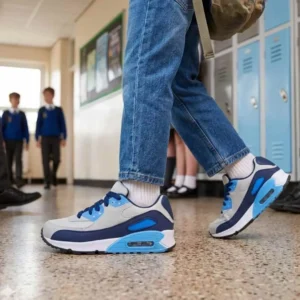 Tênis Infantil Mini Max Air - Conforto e Amortecimento 2026. Aluno caminhando em corredor de escola usando Tênis Mini Max Air azul e cinza, com mochila nas costas e calça jeans.