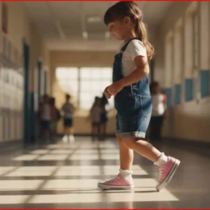 Tênis All Star infantil juvenil. Criança caminhando em um corredor escolar usando Tênis All Star Infantil rosa de cano alto, combinado com macacão jeans e meias brancas com babados.