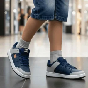 Tênis Infantil DC Shoes Skatista - Estilo Street e Conforto 2026. Criança usando bermuda jeans e o tênis DC Shoes azul e cinza, caminhando em um ambiente interno iluminado.