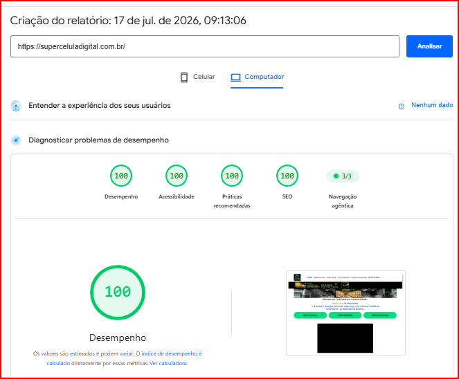 Diagnóstico da Super Célula Digital no pagespeed